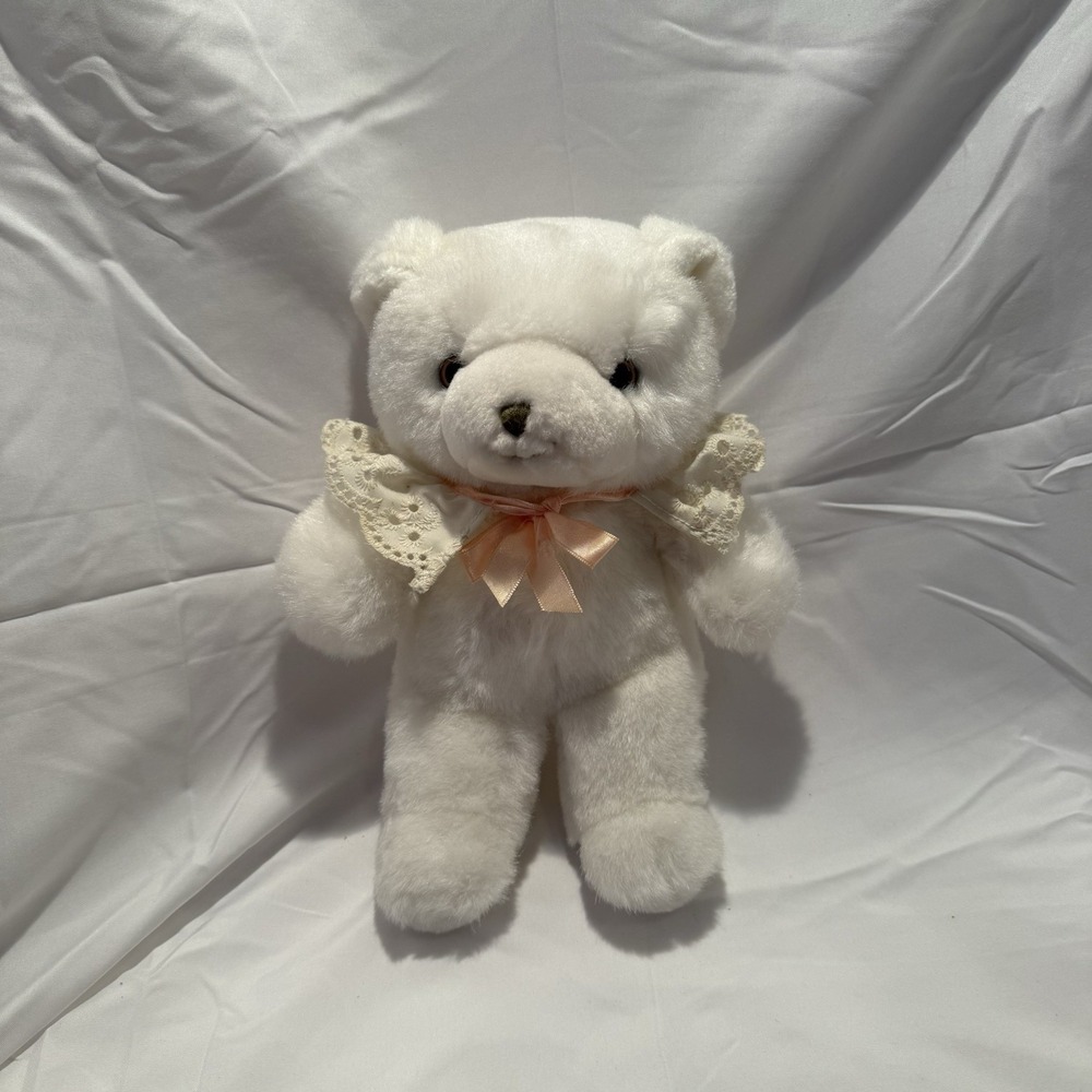 VINTAGE AVON WHITE TEDDY BEAR PLUSH 9" LACE BOW STUFFED ANIMAL TOY